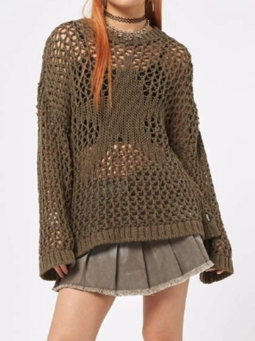 Suéter de Punto Casual para Mujer con Patrón de Estrellas Pullover de Ganchillo Oversize Manga Larga Cuello Redondo