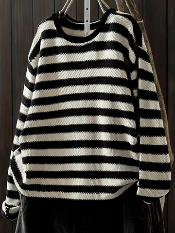 Maglione da Donna Casual Largo in Maglia Girocollo Manica Lunga a Strisce Orizzontali Bianco Nero Trama a Nido d'Ape