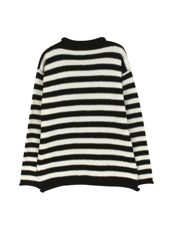 Maglione da Donna Casual Largo in Maglia Girocollo Manica Lunga a Strisce Orizzontali Bianco Nero Trama a Nido d'Ape