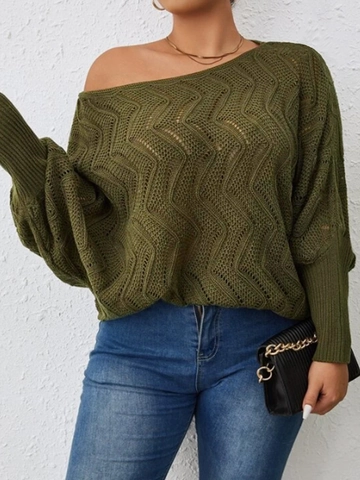 Suéter de Mujer Casual Verde Oliva Calado de Punto Manga Larga Escote Barco Holgado Patrón de Ondas Top Pullover