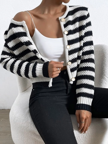 Women Casual Striped Knit Cardigan Round Neck Long Sleeve Short Sweater Jacket With Gold Buttons Knitted Button Down Top