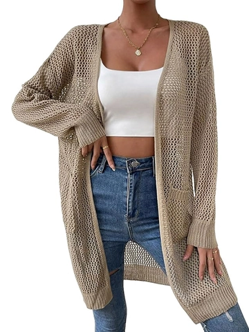 Women Hollow Out Knit Cardigan Long Sleeve V-Neck Khaki Solid Color Casual Open Front Beach Cover Up Outerwear Sweater