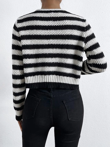 Women Casual Striped Knit Cardigan Round Neck Long Sleeve Short Sweater Jacket With Gold Buttons Knitted Button Down Top
