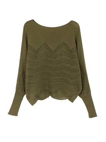 Suéter de Mujer Casual Verde Oliva Calado de Punto Manga Larga Escote Barco Holgado Patrón de Ondas Top Pullover