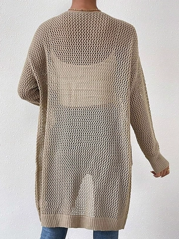 Women Hollow Out Knit Cardigan Long Sleeve V-Neck Khaki Solid Color Casual Open Front Beach Cover Up Outerwear Sweater