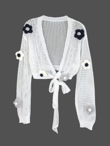 Cardigan da Donna Boho all'Uncinetto Traforato Corto Manica Lunga con Lacci Scollo a V Top in Maglia con Fiori 3D