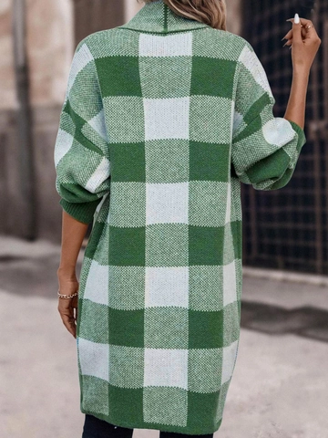 Women Casual Knit Cardigan Outerwear Checkerboard Plaid Long Sleeve Open Front Loose Sweater Coat With Two Pockets