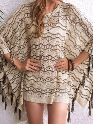 Damen Bohemian Aushöhlung Strick Überwurf Wellenmuster Quasten Saum Rundhals Locker Strand Urlaub Acryl Strickwaren Schal Top