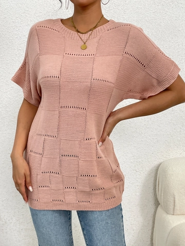 T-Shirt en Tricot pour Femmes avec Col Rond Motif en Damier Ajouré Manches Courtes Haut Décontracté d'Été