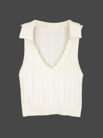 Women's Cable Knit Vest Sleeveless V Neck Polo Collar Cropped Pullover Sweater Casual Slim Fit Knitwear Top
