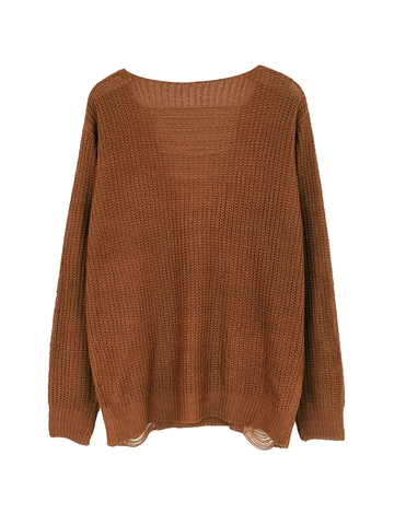 Suéter de Punto Casual para Mujer Calado Desgastado Cuello Redondo Manga Larga Pullover Caramelo con Detalles de Borlas