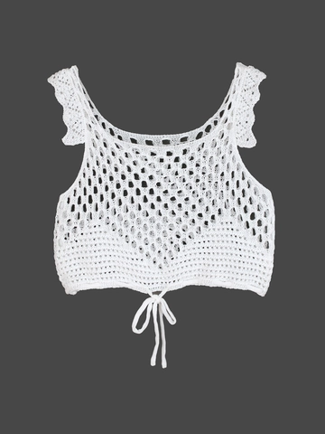 Women Crochet Knit Vest Hollow Out Drawstring Beach Crop Top Ruffle Sleeve Round Neck Bohemian Solid Color Sleeveless Top