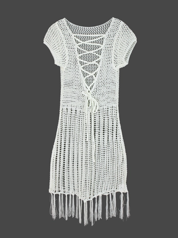 Damen Häkel V-Ausschnitt Strand Cover-up Kleid Hohl Strick Mini Kleid Mit Fransen Saum Schnürung Rücken Für Sommer Urlaub