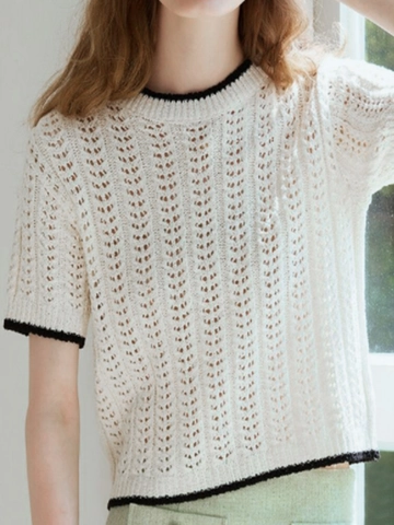 Maglia a Manica Corta in Maglia Traforata Casual da Donna Con Bordo a Contrasto Girocollo Stile Francese Estivo