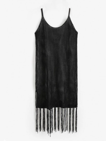 Copricostume da Mare Donna Sexy Nero Intaglio Uncinetto Senza Maniche con Nappine Frange Abito in Maglia con Spalline Sottili