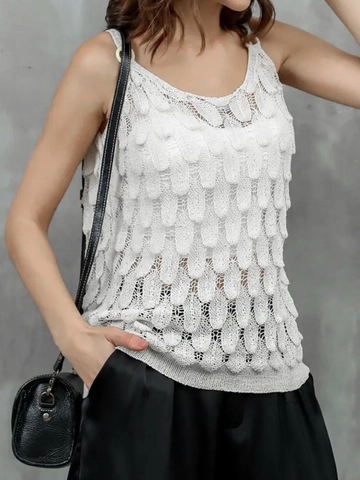 Camiseta de Tirantes de Punto Calado de Verano para Mujer Chaleco de Ganchillo Sin Mangas Casual Blanco Color Sólido Cuello Redondo Transpirable