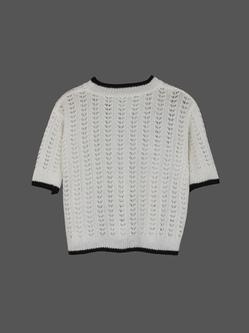 Maglia a Manica Corta in Maglia Traforata Casual da Donna Con Bordo a Contrasto Girocollo Stile Francese Estivo