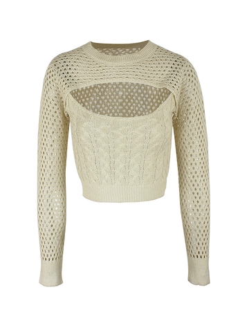 Women Cable Knit Hollow Out Crop Top Long Sleeve Round Neck Casual Knitted Sweater Pullover Solid Color Fashion Jumper