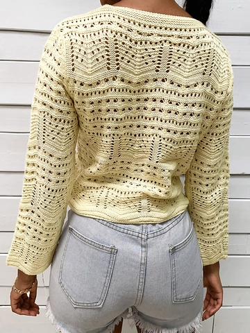 Women Crochet Hollow Out Knit Top Long Sleeve V Neck Drawstring Cropped Beach Cover Up Casual Boho Solid Color Sweater Top