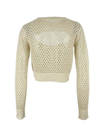 Women Cable Knit Hollow Out Crop Top Long Sleeve Round Neck Casual Knitted Sweater Pullover Solid Color Fashion Jumper