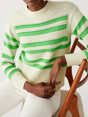 Women's Striped Cable Knit Sweater Round Neck Long Sleeve Pullover Casual Loose Knitwear Top For Autumn Winter