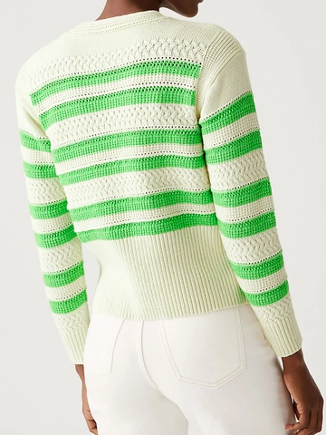 Women's Striped Cable Knit Sweater Round Neck Long Sleeve Pullover Casual Loose Knitwear Top For Autumn Winter
