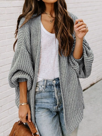 Cardigan da Donna in Maglia Oversize Casual Manica a Lanterna Tinta Unita Lunghezza Media Maglione Aperto per Autunno Inverno
