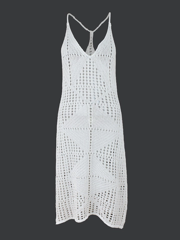 Women's Casual Hollow Out Knit Maxi Dress V-Neck Crochet Sleeveless Camisole Beach Vacation Sundress Solid Color Outfit