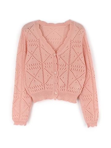 Gilet en Maille Col en V pour Femmes avec Bord Festonné Manches Longues Boutonné Pull Ajouré Court
