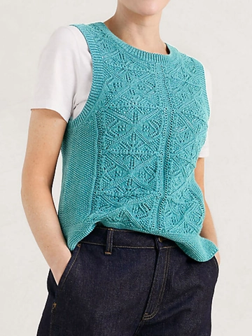 Chaleco de Punto Casual para Mujer Calado Cuello Redondo Sin Mangas Suéter Pullover con Patrón Geométrico de Diamantes