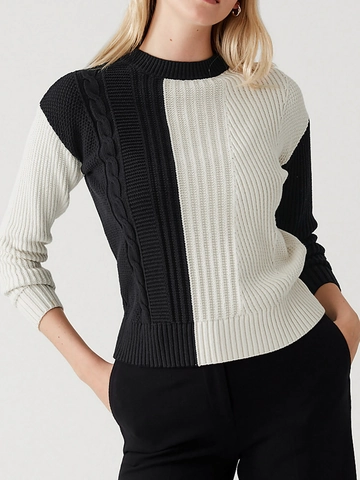 Dames Casual Ronde Hals Lange Mouw Kleurblok Kabelbreisel Trui Gebreide Pullover Top Voor Herfst Winter