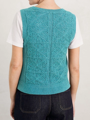 Chaleco de Punto Casual para Mujer Calado Cuello Redondo Sin Mangas Suéter Pullover con Patrón Geométrico de Diamantes
