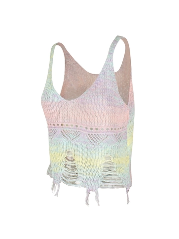 Damen Boho Strick Häkel Ärmellos Crop Top Ausschnitt Fransen Saum Zerstört Farbverlauf Gestreift Strand Urlaub Tank Top