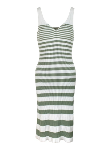 Abito Midi da Donna Casual a Coste a Righe Scollo a V Senza Maniche Estivo Aderente Prendisole Con Spacco Laterale Verde Bianco