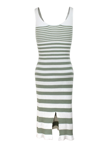 Abito Midi da Donna Casual a Coste a Righe Scollo a V Senza Maniche Estivo Aderente Prendisole Con Spacco Laterale Verde Bianco