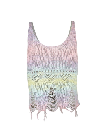 Damen Boho Strick Häkel Ärmellos Crop Top Ausschnitt Fransen Saum Zerstört Farbverlauf Gestreift Strand Urlaub Tank Top