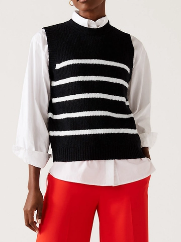 Dames Casual Gestreepte Gebreide Vest Ronde Hals Mouwloos Contrastkleur Polyester Pullover Voor Lente Herfst