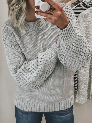 Suéter de Punto de Poliéster Casual para Mujer Manga Larga Cuello Redondo Pullover Manga de Linterna Textura Acanalada Color Sólido Tops Cálidos de Invierno