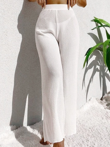 Pantaloni da Donna in Maglia Traforata a Gamba Dritta Vita Alta Elastica in Poliestere Uncinetto Pantaloni da Spiaggia Vacanza Estate Casual Tinta Unita