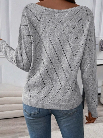 Women Casual Hollow Out Knit Sweater Gray Off Shoulder Long Sleeve Geometric Diamond Pattern Ribbed Cuff Pullover Top