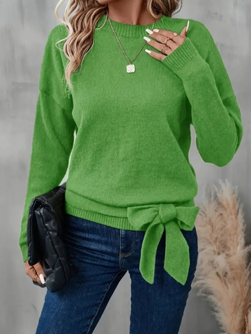 Women's Casual Round Neck Knitted Sweater Loose Long Sleeve Pullover With Side Bow Tie Design Fashion Autumn Winter Tops