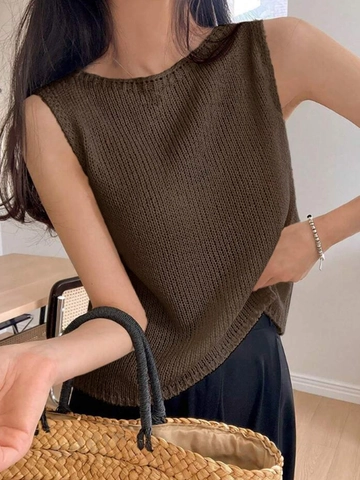 Gilet en Tricot Décontracté pour Femme Col Rond Sans Manches Pullover Polyester Couleur Unie Débardeur Ample Mode Été Quotidienne