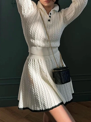 Women Elegant Cable Knit Long Sleeve Polo Collar Sweater And Contrast Trim Pleated Mini Skirt Two Piece Suit Outfits