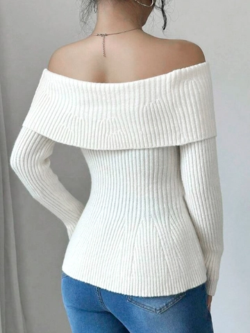 Femmes Élégant Pull en Tricot Épaules Dénudées Manches Longues Côtelette Coupe Ajustée Haut Pullover Décontracté Couleur Unie