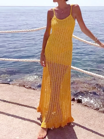 Women Casual Knit Crochet Hollow Out Maxi Dress Spaghetti Strap Beach Vacation Summer Sleeveless Solid Color Long Dress