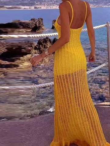 Women Casual Knit Crochet Hollow Out Maxi Dress Spaghetti Strap Beach Vacation Summer Sleeveless Solid Color Long Dress