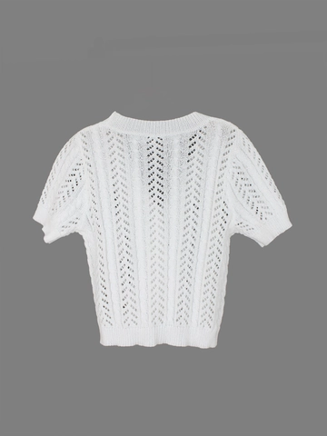 Women's Casual White Short Sleeve Knit Cardigan V-Neck Hollow Out Pointelle Cable Crochet Cropped Button Up Sweater Top