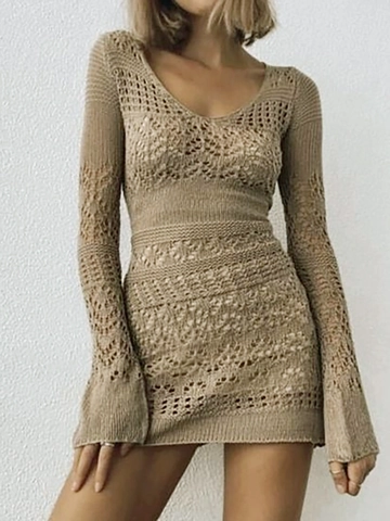 Vestido Mini Casual con Cuello en V y Manga Larga de Punto Calado Color Sólido Ganchillo Pullover Playa Vacaciones Corto