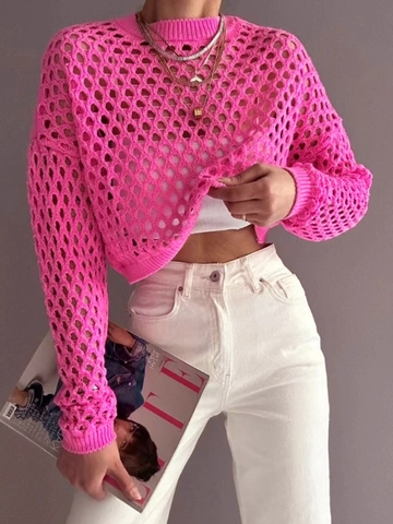Women's Hollow Out Crochet Knit Long Sleeve Round Neck Sweater Short Beach Vacation Casual Pink Loose Fit Pullover Top
