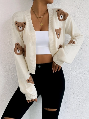 Women's Cute Bear Patch Knit Cardigan Casual Long Sleeve V Neck Open Front Cream Short Sweater Coat